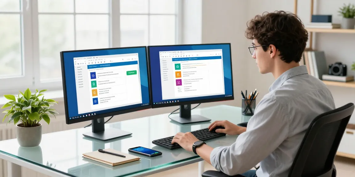 Download WPS Office in a modern home office setup with dual monitors and bright natural light.
