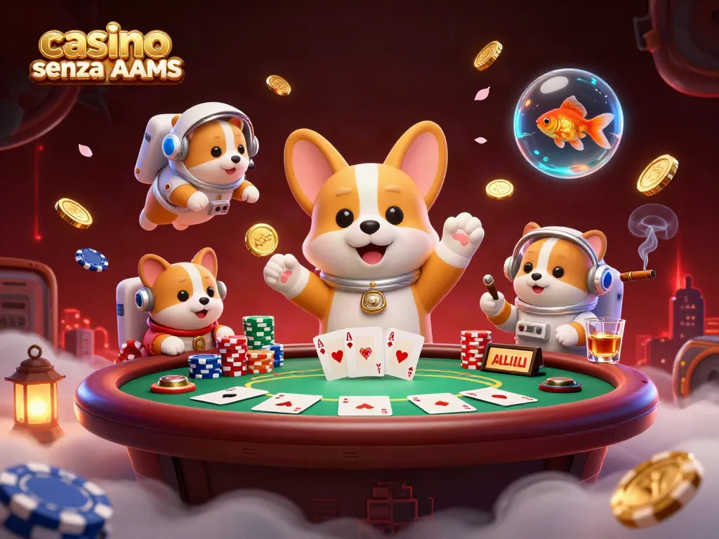 Giocare ai casinò senza AAMS, l'illustrazione di un'astronave con un corgi astronauta, simboli e monete volanti.