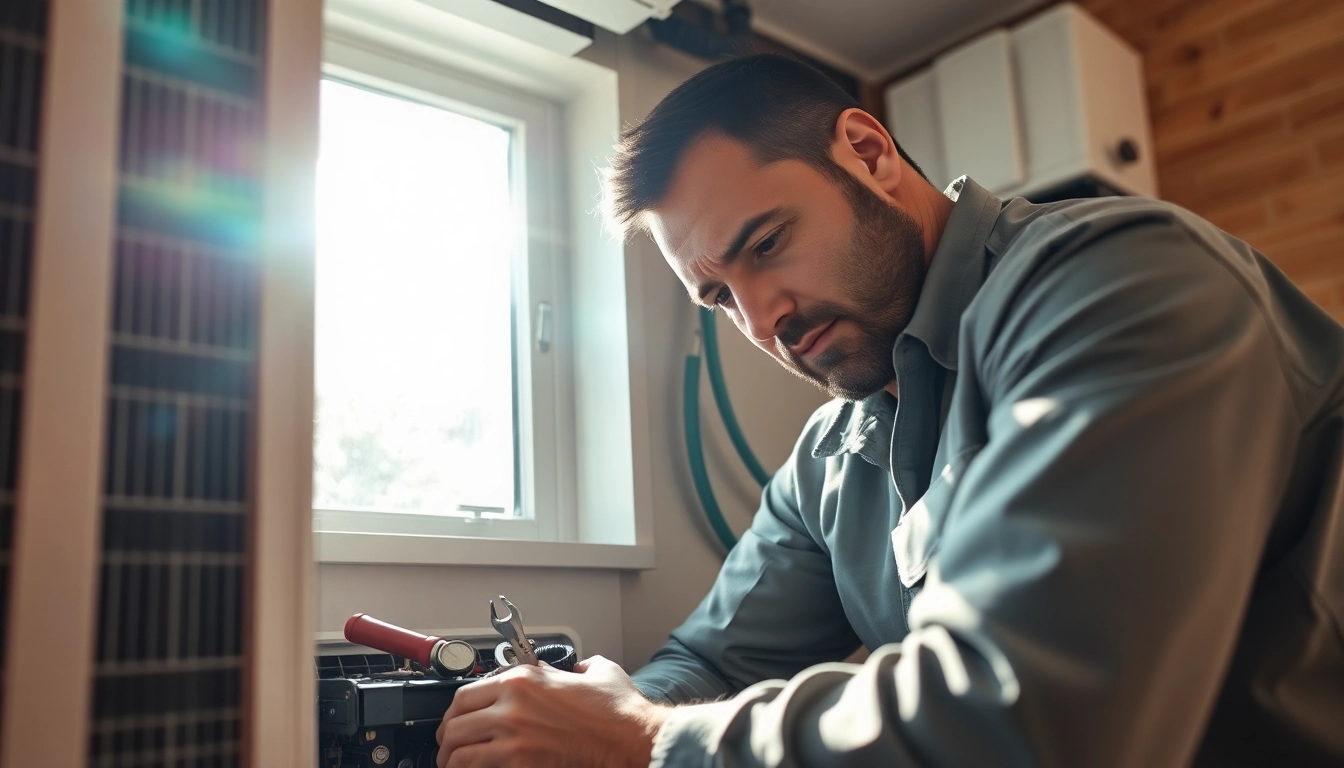 AC Repair Tampa technician diligently working on an air conditioning unit in a bright residential setting.