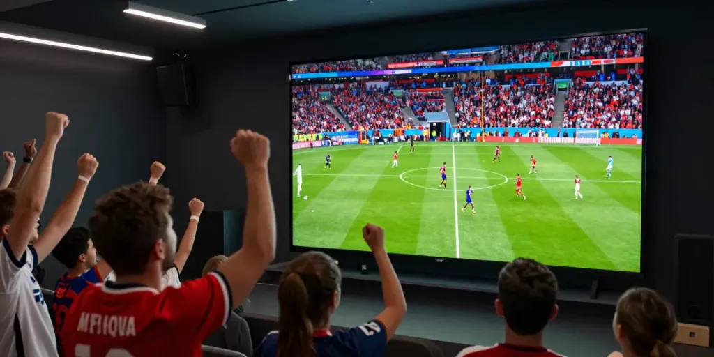 Fans celebrating at https://socolive8.media/ live football match with team jerseys and vibrant atmosphere.