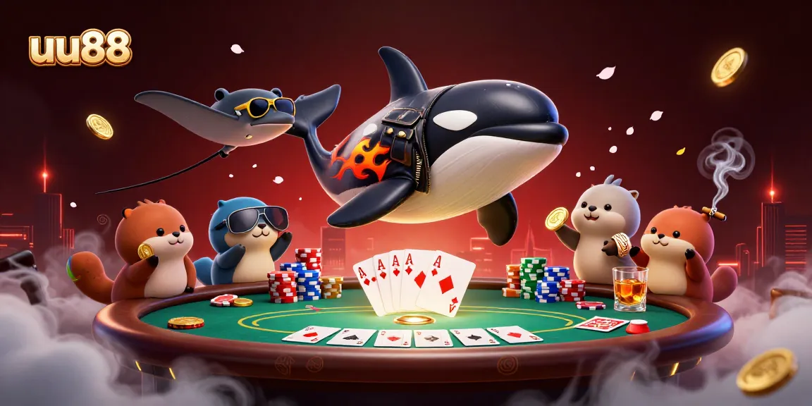 uu88 features an orca, stingray, and otters enjoying a vibrant poker scene