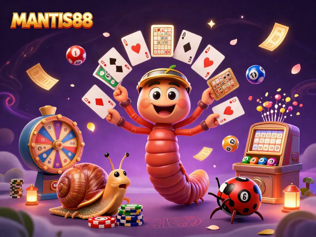 MANTIS88 features a vibrant casino scene with a cartoon millipede dealer and a high-roller snail amidst dynamic game elements.