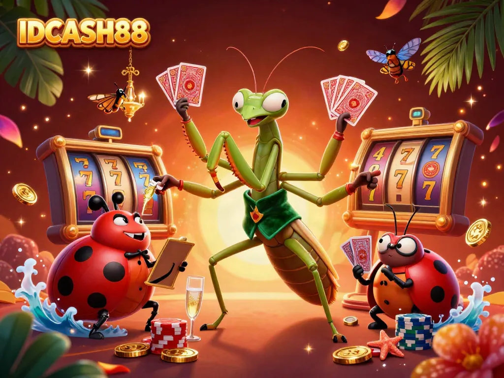 Experience exciting games at IDCASH88 with a vibrant casino scene showcasing a giant praying mantis card sharp.