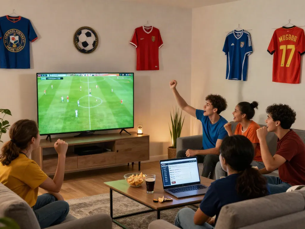 Excited fans watching football live at Socolive on a large 4K screen.