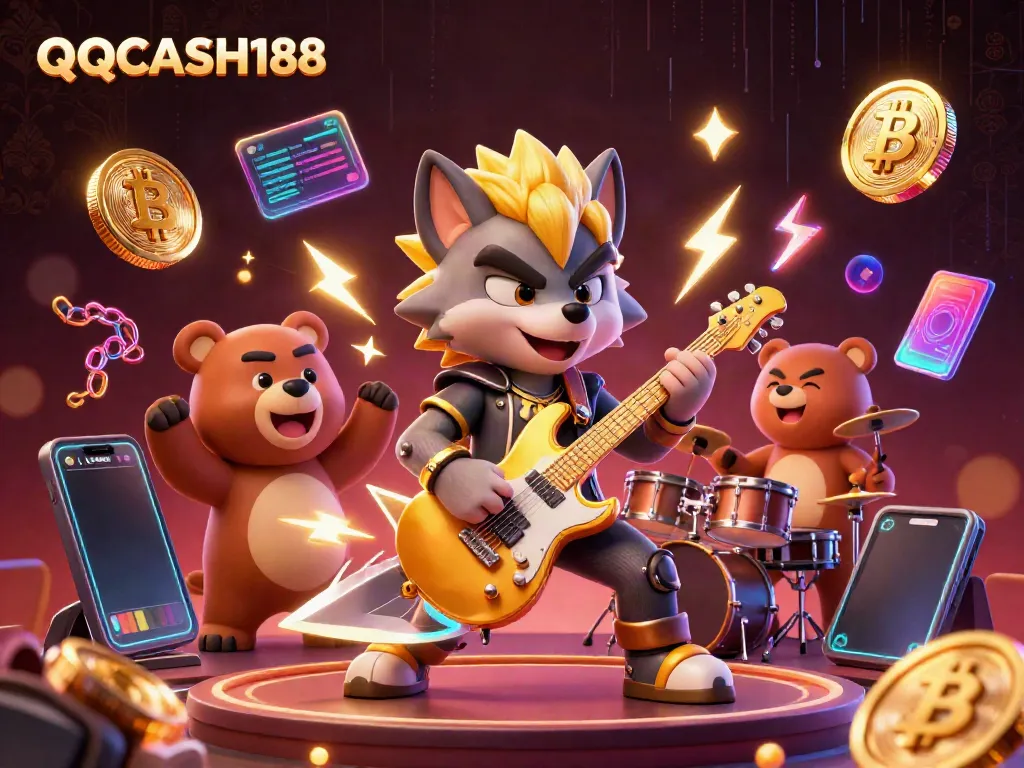 Engage in thrilling gameplay on QQCASH188 with a vibrant illustration featuring energetic musicians and cryptocurrencies.