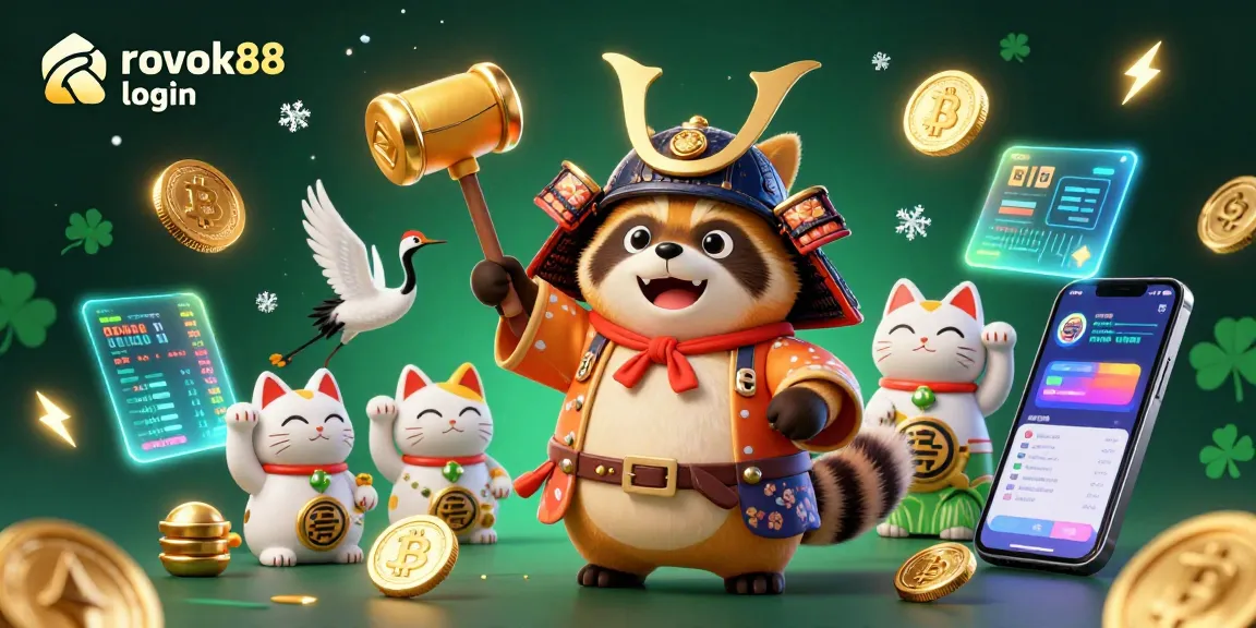 Engage with the vibrant rokok88 login scene showcasing a cheerful tanuki and crypto elements during online gaming.