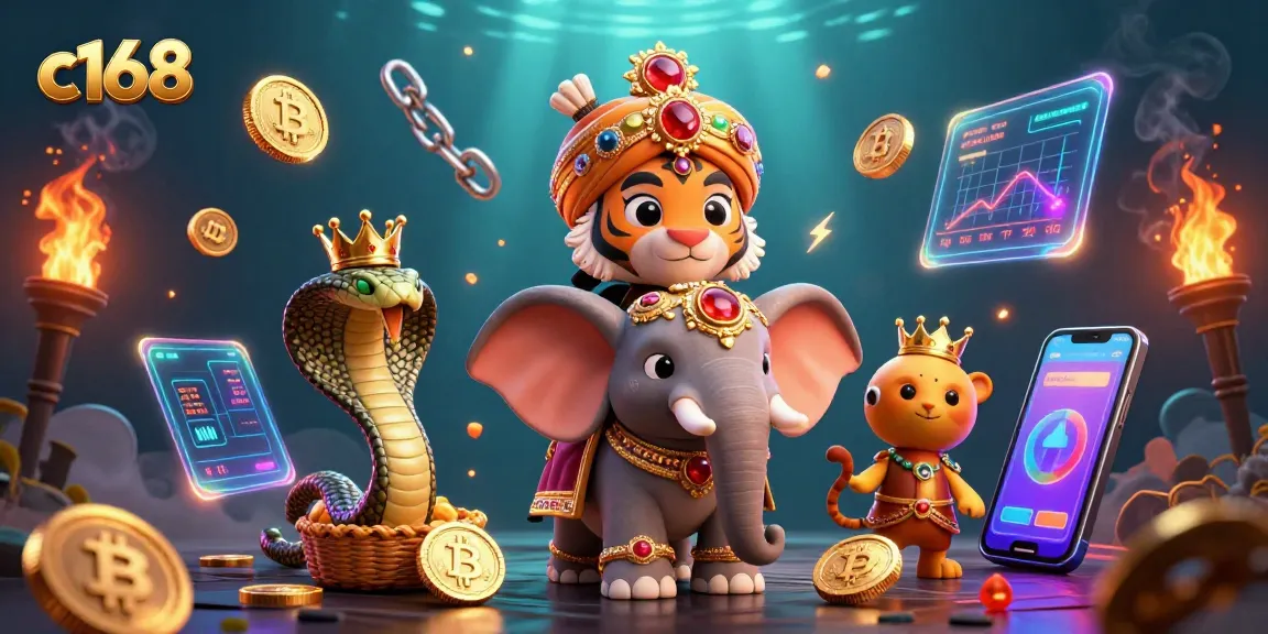 C168 immersive gaming scene featuring a jewel-encrusted elephant and crypto elements in dynamic casino atmosphere.