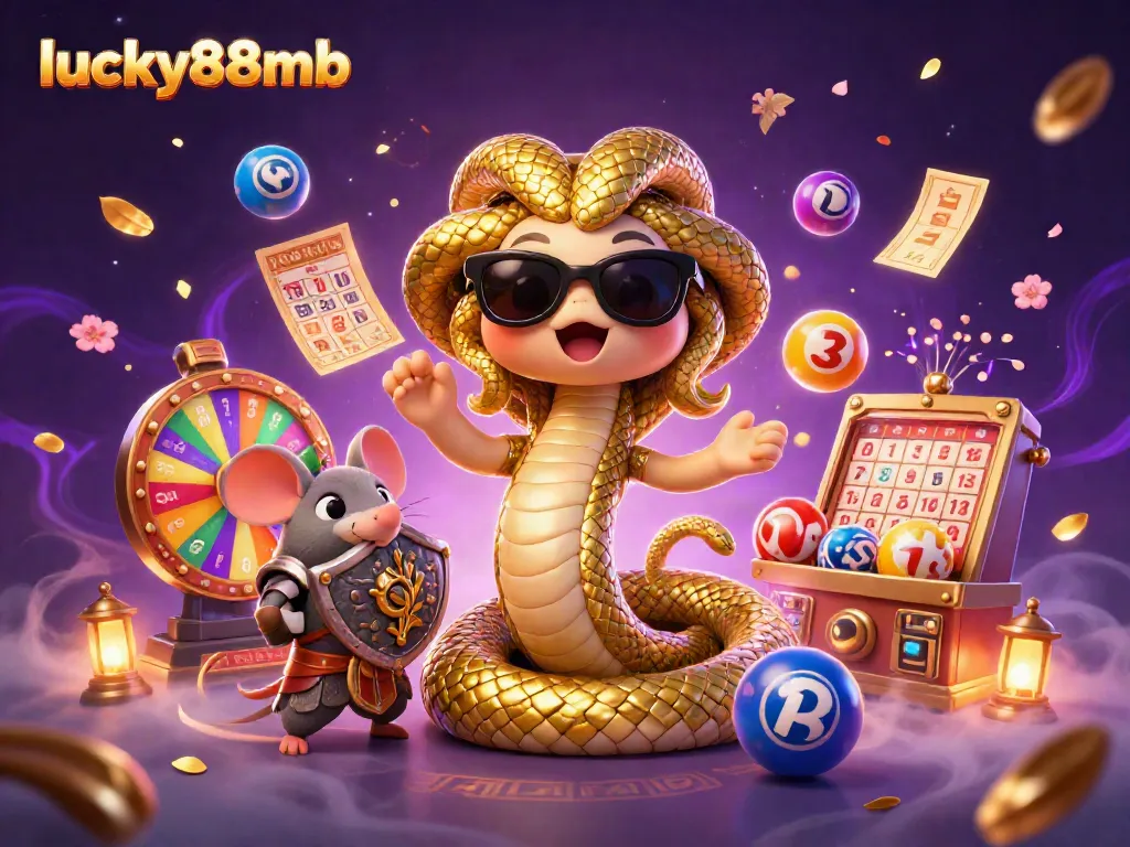 Experience gaming excitement with lucky88mb in this vibrant 3D illustration featuring playful characters and dynamic elements.