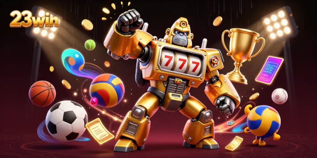 Experience thrilling gameplay with 23win's vibrant 3D illustration featuring a golden gorilla mech and dynamic sports elements.