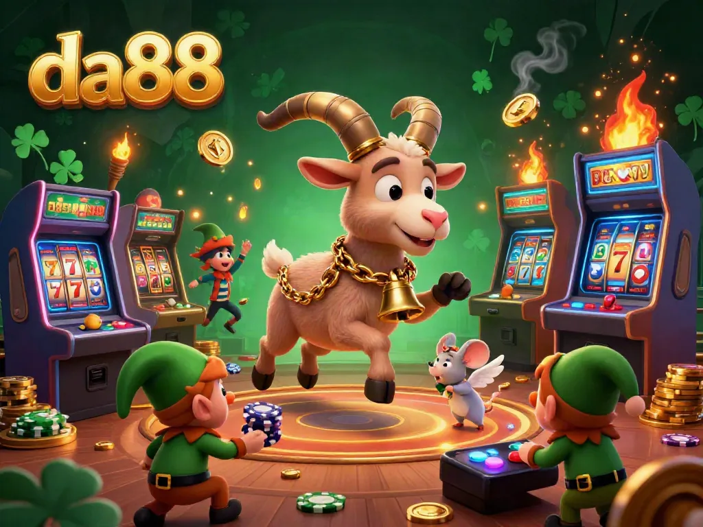 Experience thrilling spins at da88 with Krampus and playful casino characters amid vibrant lights and games.
