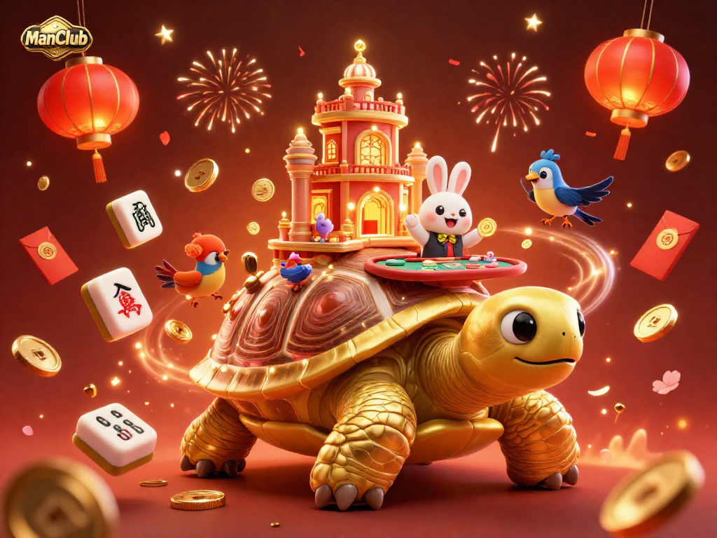 Experience exhilarating gaming with ManClub's vibrant casino scene featuring a tortoise, a rabbit dealer, and golden treasures.