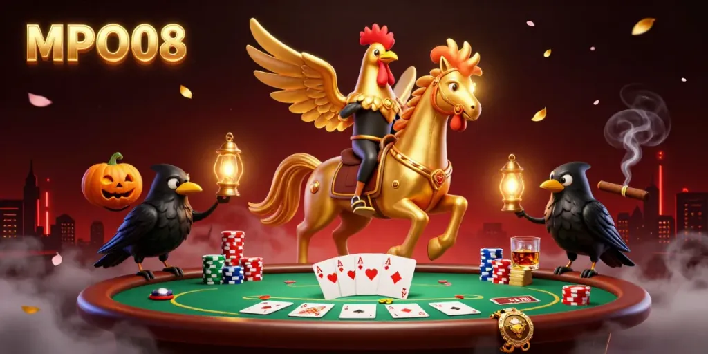 Play games with MPO08 in a vibrant casino scene featuring a golden rooster and poker elements