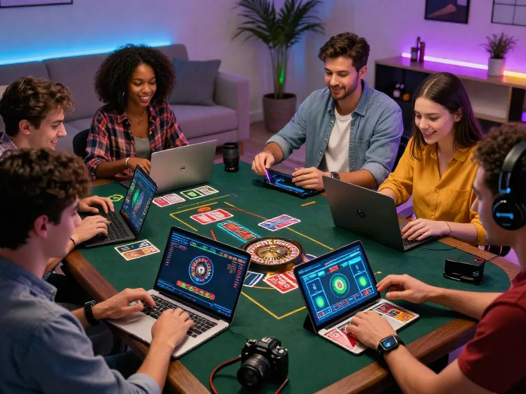 Exciting online gambling at red88 with friends playing live casino games in a vibrant setting.