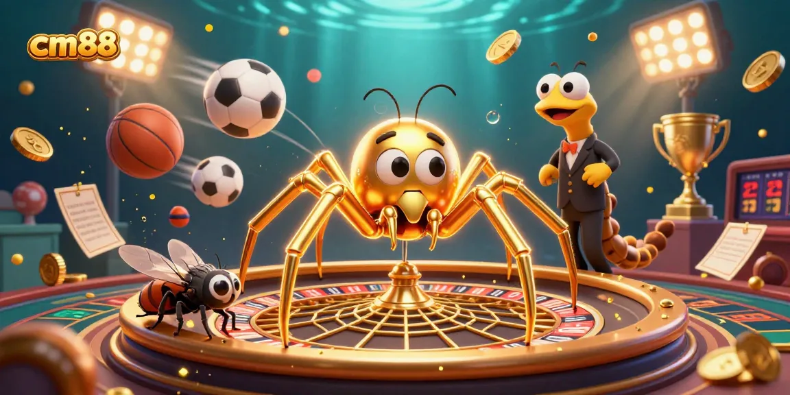 Experience the thrill of cm88 with an engaging scene of a golden spider spinning a roulette wheel.
