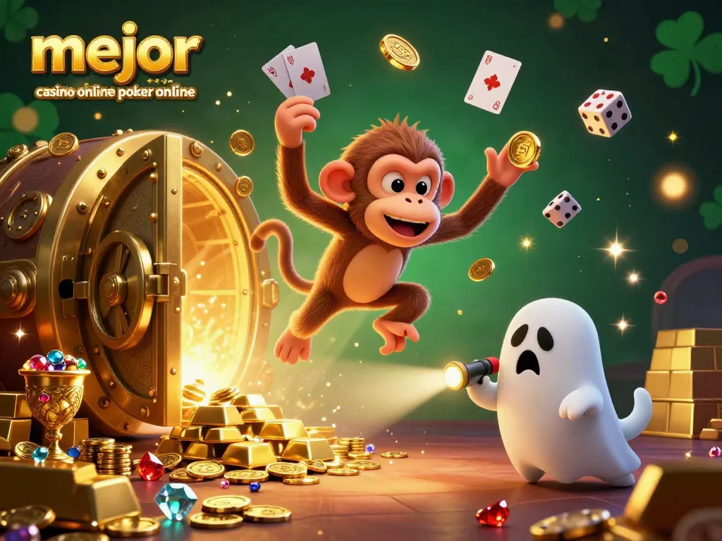 Ilustra a un mono poltergeist y un perrito cazador de fantasmas en un casino, ilustrando el mejor casino online en España para póker online.