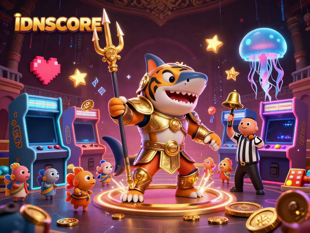 IDNSCORE showcases a vibrant underwater scene with a fierce gladiator shark and a jellyfish referee amid glowing arcade elements.