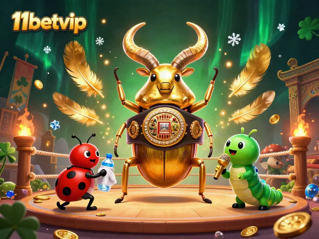 Experience thrilling action at 11betvip with a giant beetle boxing champion in a dynamic casino scene.
