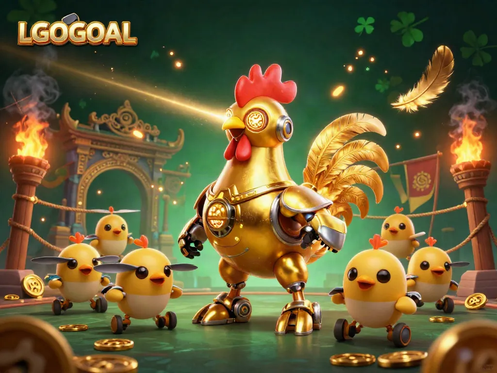 Join LGOGOAL in an action-packed casino landscape with a golden rooster robot and baby chick drones.