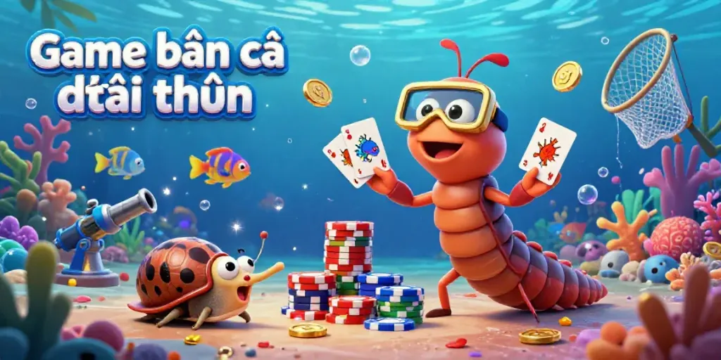 Engage in the vibrant Game bắn cá đổi thưởng scene featuring an animated millipede dealer and colorful sea life amidst underwater excitement.