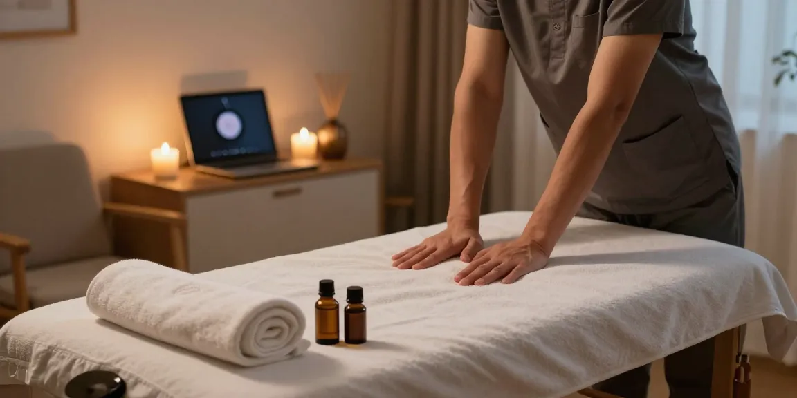 출장마사지 therapist preparing a calming home environment with soft lighting and oils.