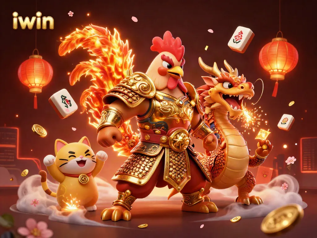 iwin promotional illustration featuring dynamic characters amidst vibrant casino elements and rich colors.