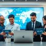 快连官网 interface shown by diverse professionals in a modern office promoting advanced VPN technology.