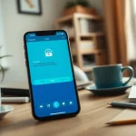 Potato下载 app interface on a smartphone in a cozy workspace promoting secure communications.