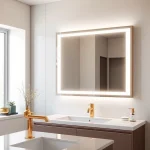 Reflecting stylish design, this mirror and led lights illuminate a modern bathroom setting.