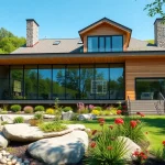 Showcasing a stunning example of Massachusetts residential architecture with modern sustainable features and beautiful landscaping.