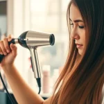 Stylist demonstrating the Ionic blow dryer, creating sleek hair in a salon.
