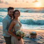 Destination photographer capturing a romantic beach scene during sunset.