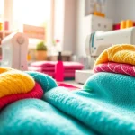 Begin met stoffen voor naaien beginners op een kleurrijke werkplek met verschillende materialen.