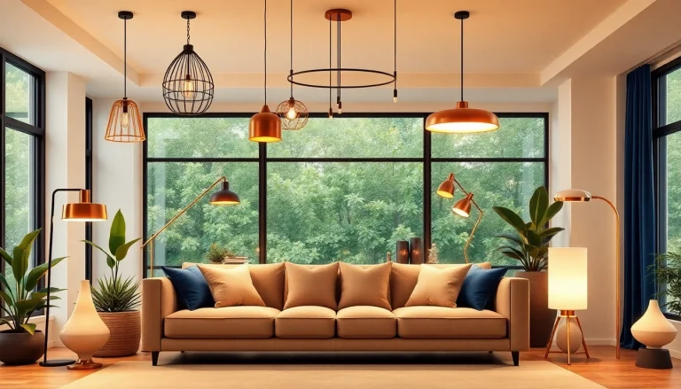 Shop ModernLighting with elegant fixtures illuminating a stylish living room.