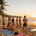 Group of travelers enjoying a sunset beach party in Australia with surfboards and palm trees.