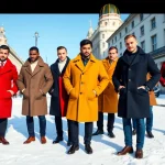 Winter coats men showcased in a vibrant city scene, highlighting style and elegance.