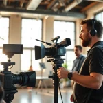 Video production team collaborating in a bright studio setting with cameras and monitors.