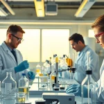 Scientists working on Peptides synthesis in a vibrant laboratory setting.