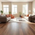 Examine waterproof vinyl flooring in a chic living room setting with stylish decor and warm tones.