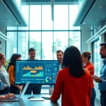 Showcasing a diverse team in an AI powered warranty company analyzing data collaboratively.