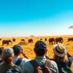 Engaging scene of travelers observing elephants during Tanzania safaris adventure.