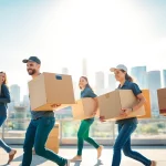 Calgary movers efficiently transporting boxes amidst the Calgary skyline, showcasing professionalism and teamwork.