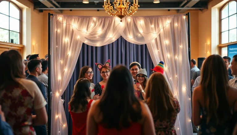 Enjoy photo booth rental Chicago with a vibrant setup featuring fun props and fairy lights.