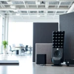 Showcase of Sound and Vibration Control Products in a modern office setup, emphasizing innovative acoustic solutions.