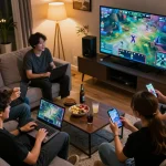 Engaged players participating in mk8th online eSports betting event with laptops and competition screens.