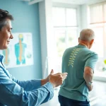 Therapist guides patient in back pain relief techniques in a bright clinic.