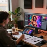 AI porn artist creating vibrant visuals in a modern digital art studio