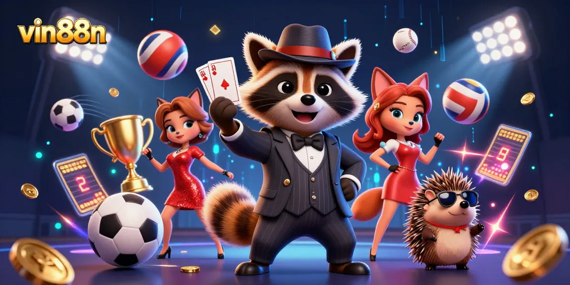 Join vin88n as a suave raccoon plays poker with dazzling companions in a vibrant casino.