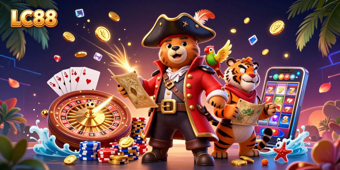 Experience the excitement of LC88's vibrant 3D casino scene with thrilling gambling characters and elements.