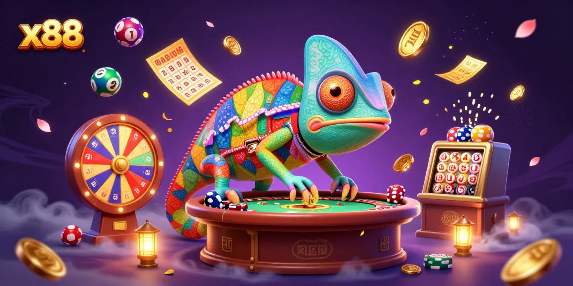 x88 engages players with a colorful scene full of lottery themes and golden coins at the casino.