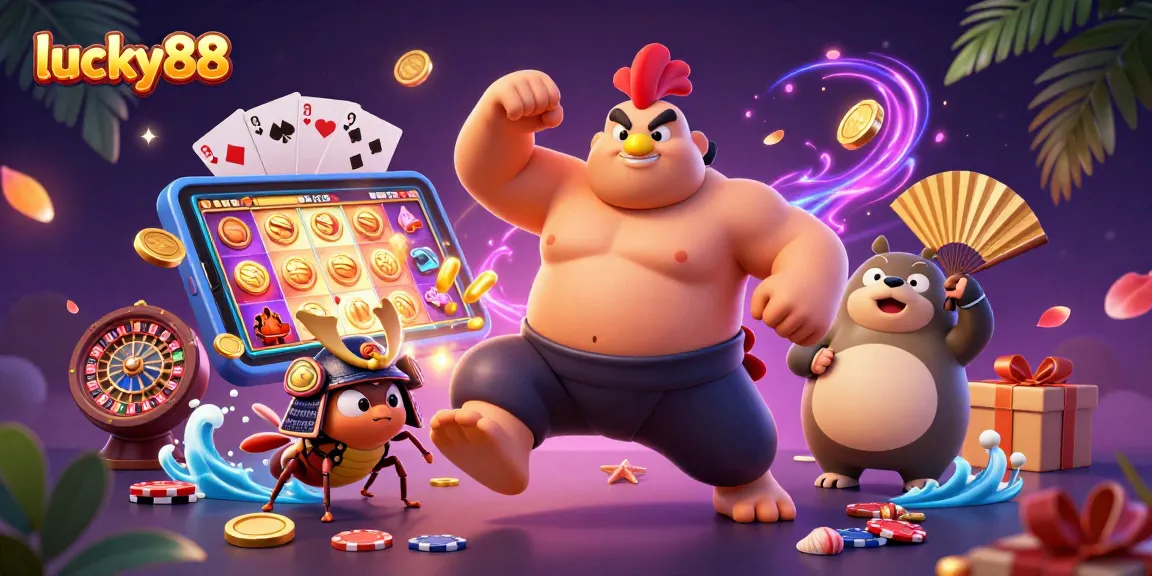 Experience the excitement of lucky88 with a dynamic 3D casino scene featuring characters and gaming elements.